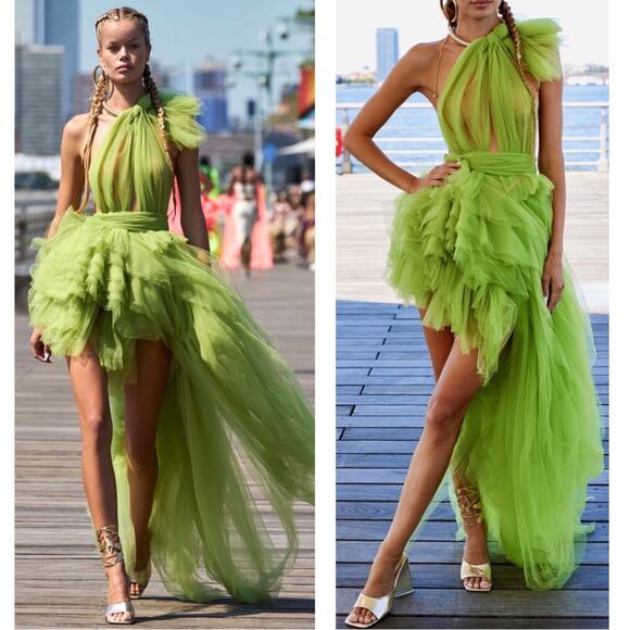 Bronx and Banco Taraji One Shoulder Tulle Tiered High Low Maxi Green Gown Sz XS - Picture 1 of 15
